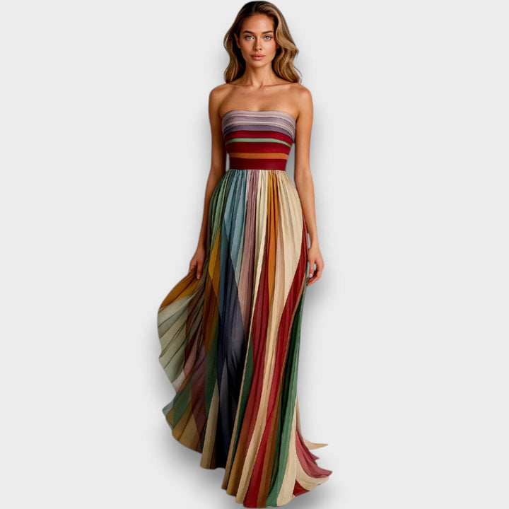 Melissa - Vestido maxi multicolor con rayas plisadas