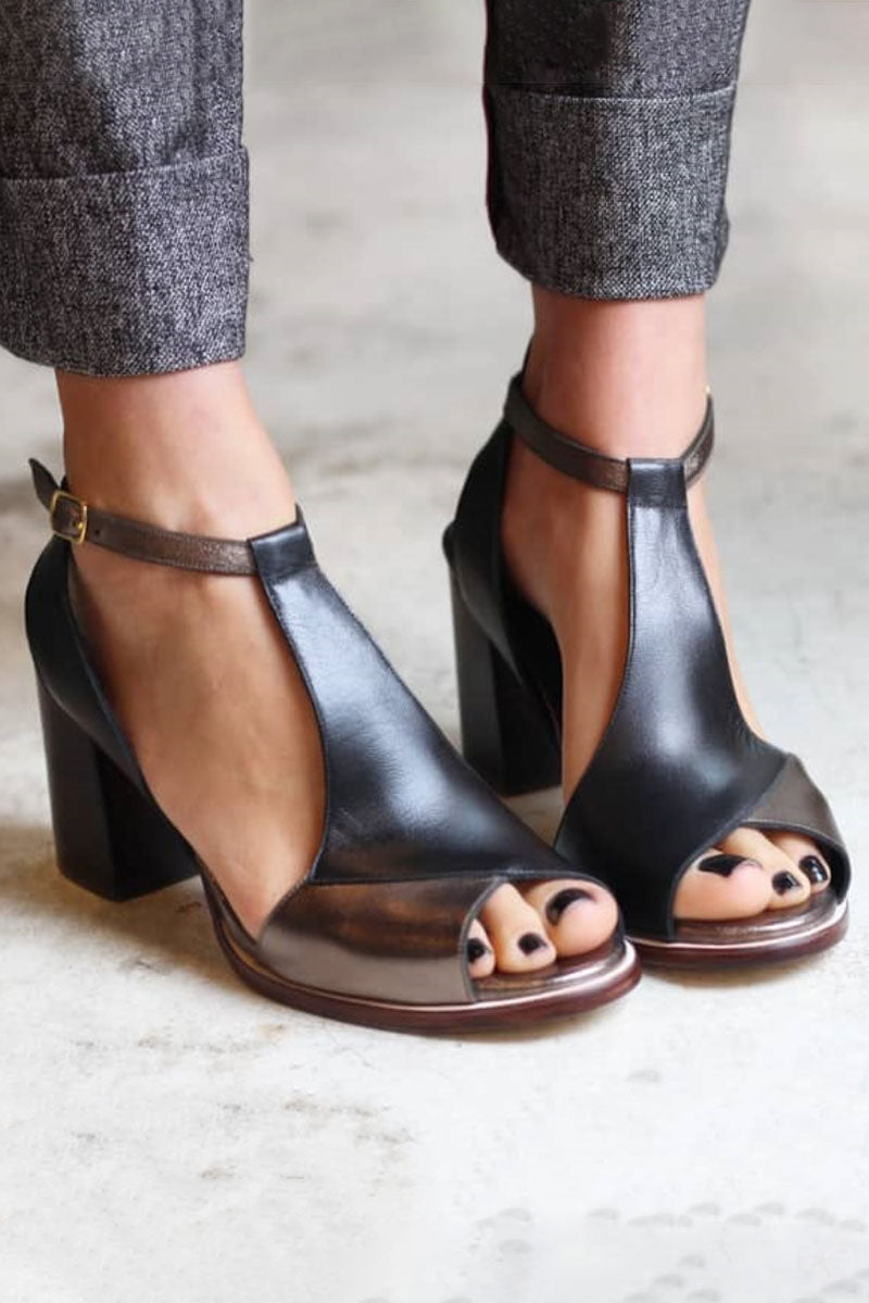Nadaria | Sandalias peep toe de patchwork negras con tacón