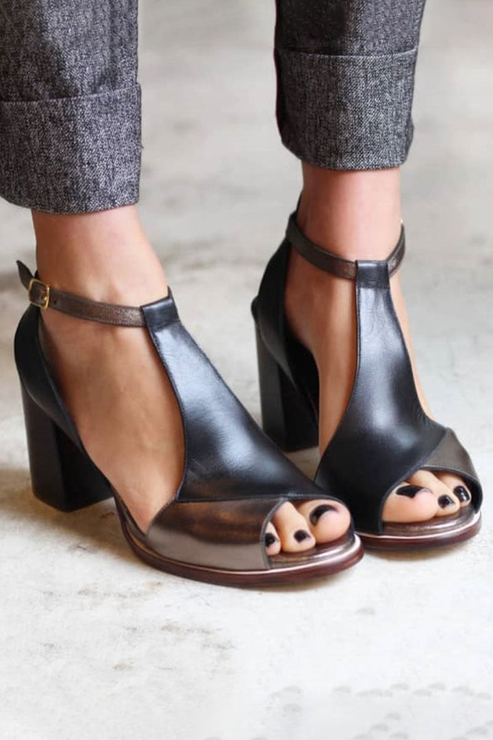 Nadaria | Sandalias peep toe de patchwork negras con tacón