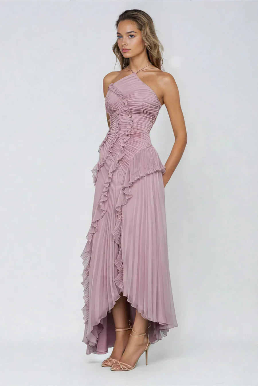 Anneliese | Vestido largo plisado con volantes