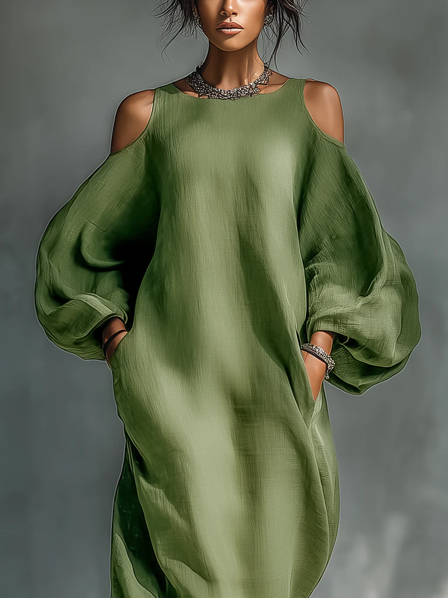 Selena | Vestido largo verde fluido con hombros descubiertos y mangas amplias