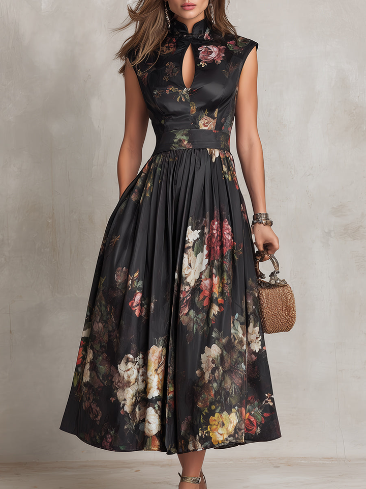 Estefanía | Vestido midi satinado negro con estampado floral