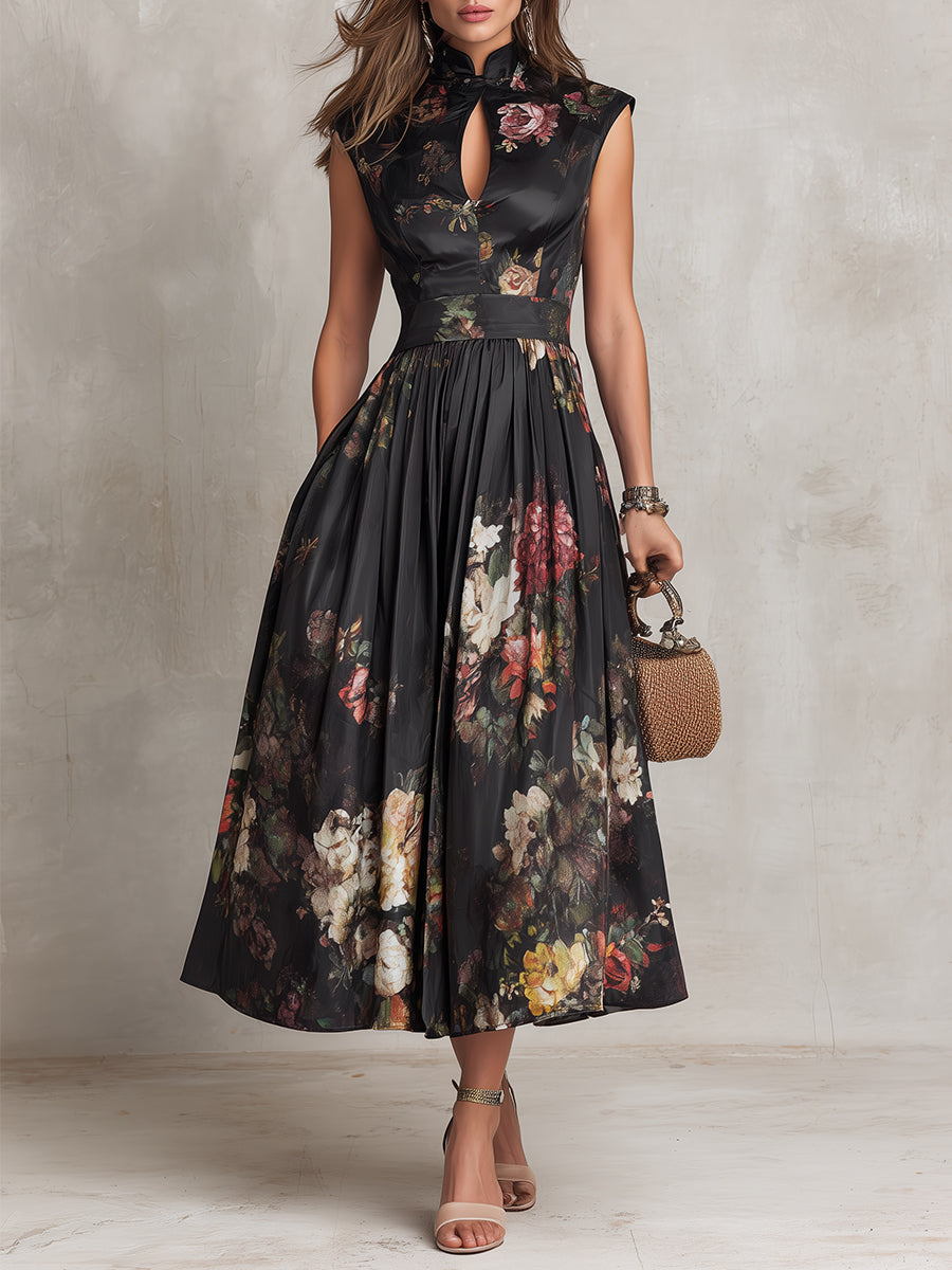 Estefanía | Vestido midi satinado negro con estampado floral