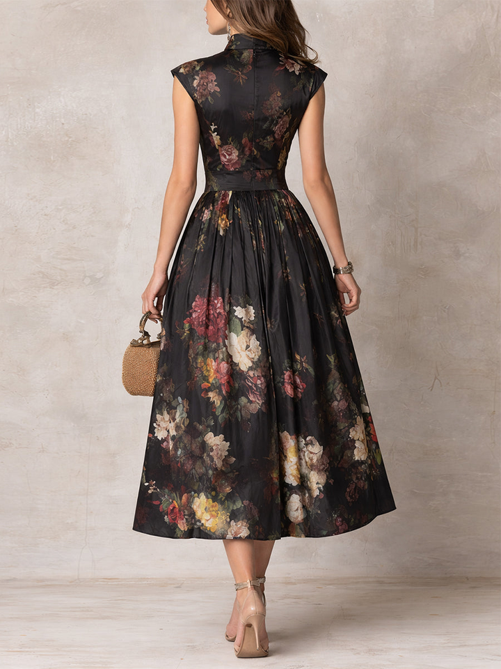 Estefanía | Vestido midi satinado negro con estampado floral