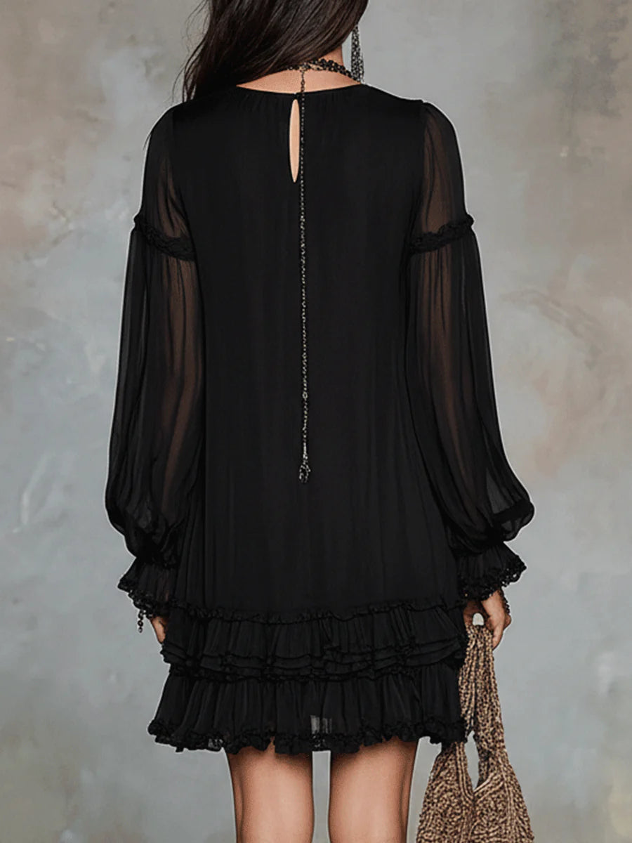 Patricia | Vestido corto negro fluido con escote en V y mangas amplias