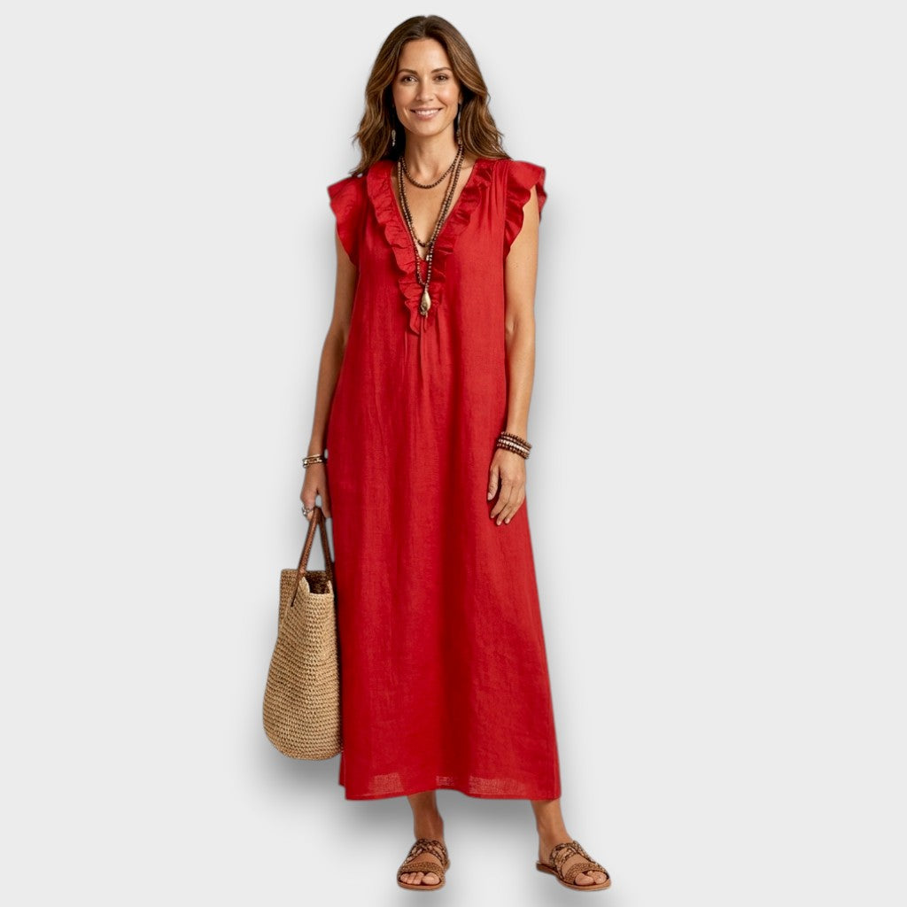 Josette - Vestido Maxi de Lino con Volantes y Escote en V