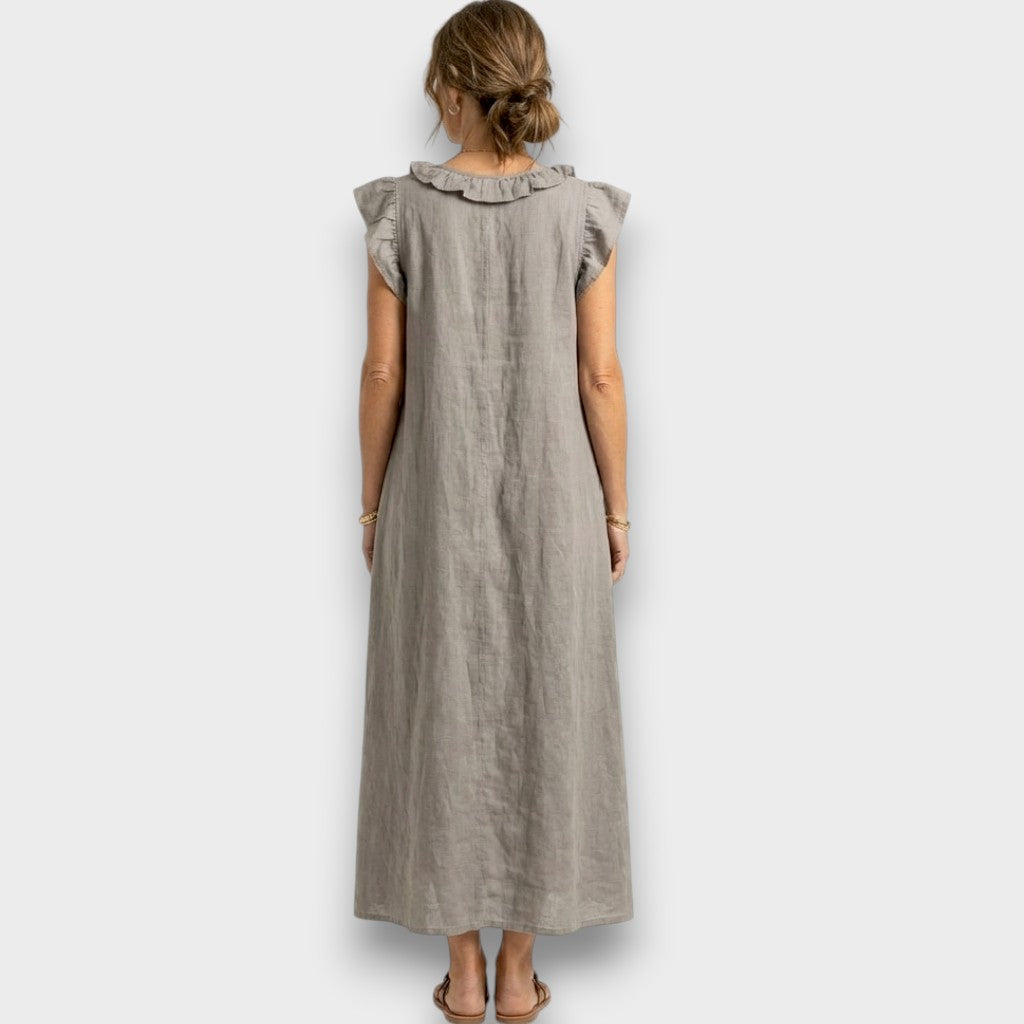 Josette - Vestido Maxi de Lino con Volantes y Escote en V