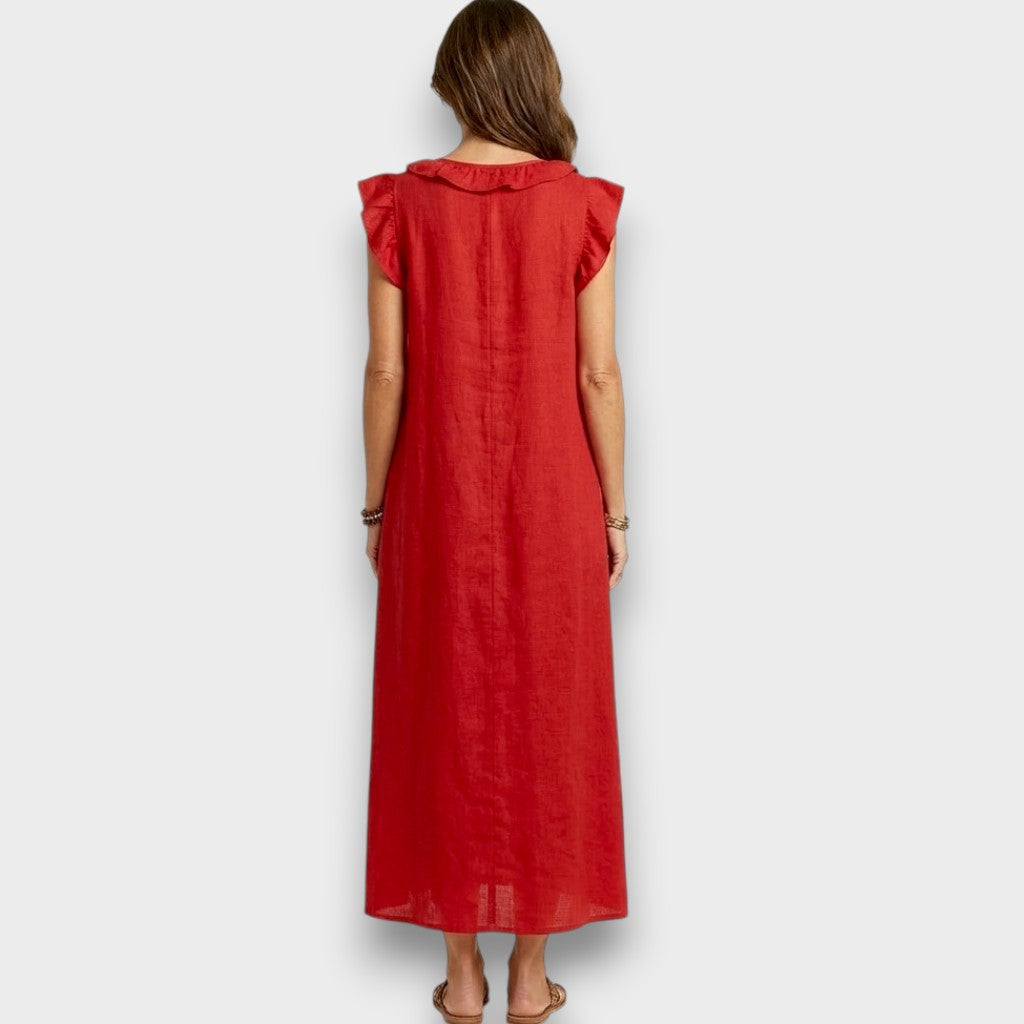Josette - Vestido Maxi de Lino con Volantes y Escote en V