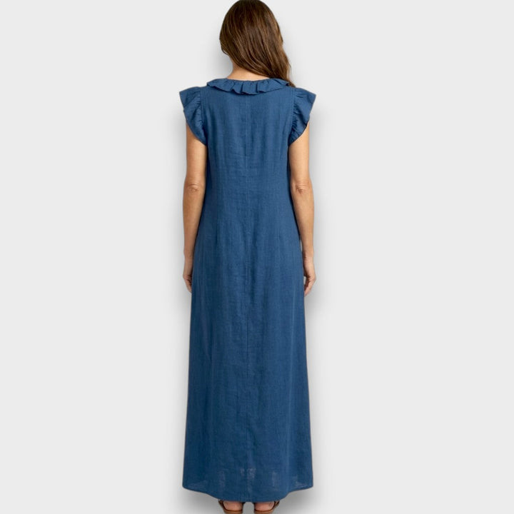 Josette - Vestido Maxi de Lino con Volantes y Escote en V