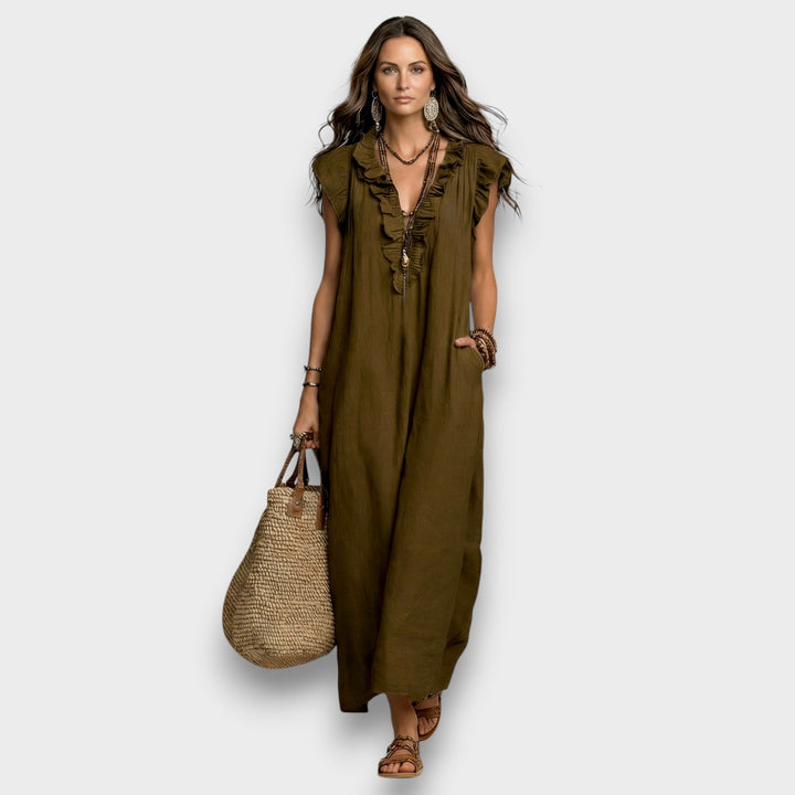 Josette - Vestido Maxi de Lino con Volantes y Escote en V