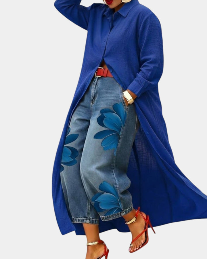 Céliane | Conjunto completo de vestido y pantalones de denim anchos