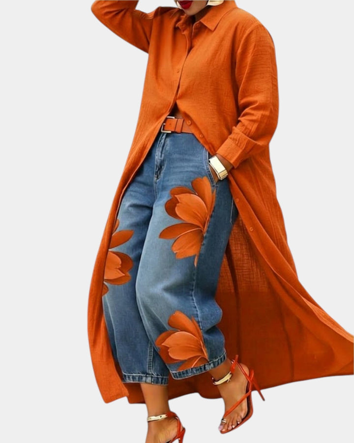 Céliane | Conjunto completo de vestido y pantalones de denim anchos