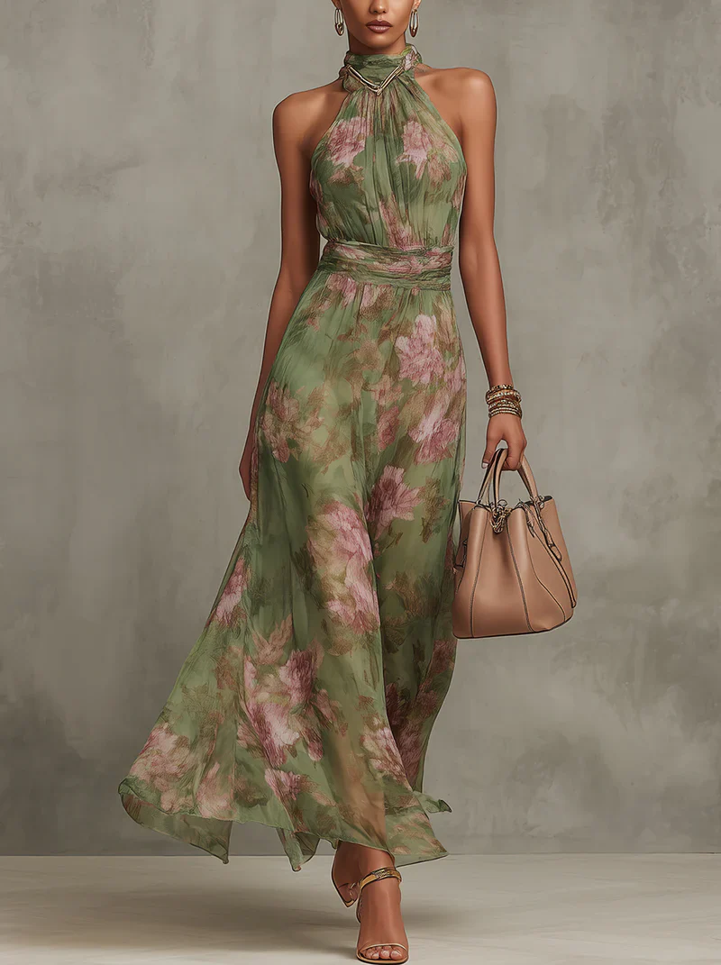 Marta | Vestido largo floral en chiffon con escote halter
