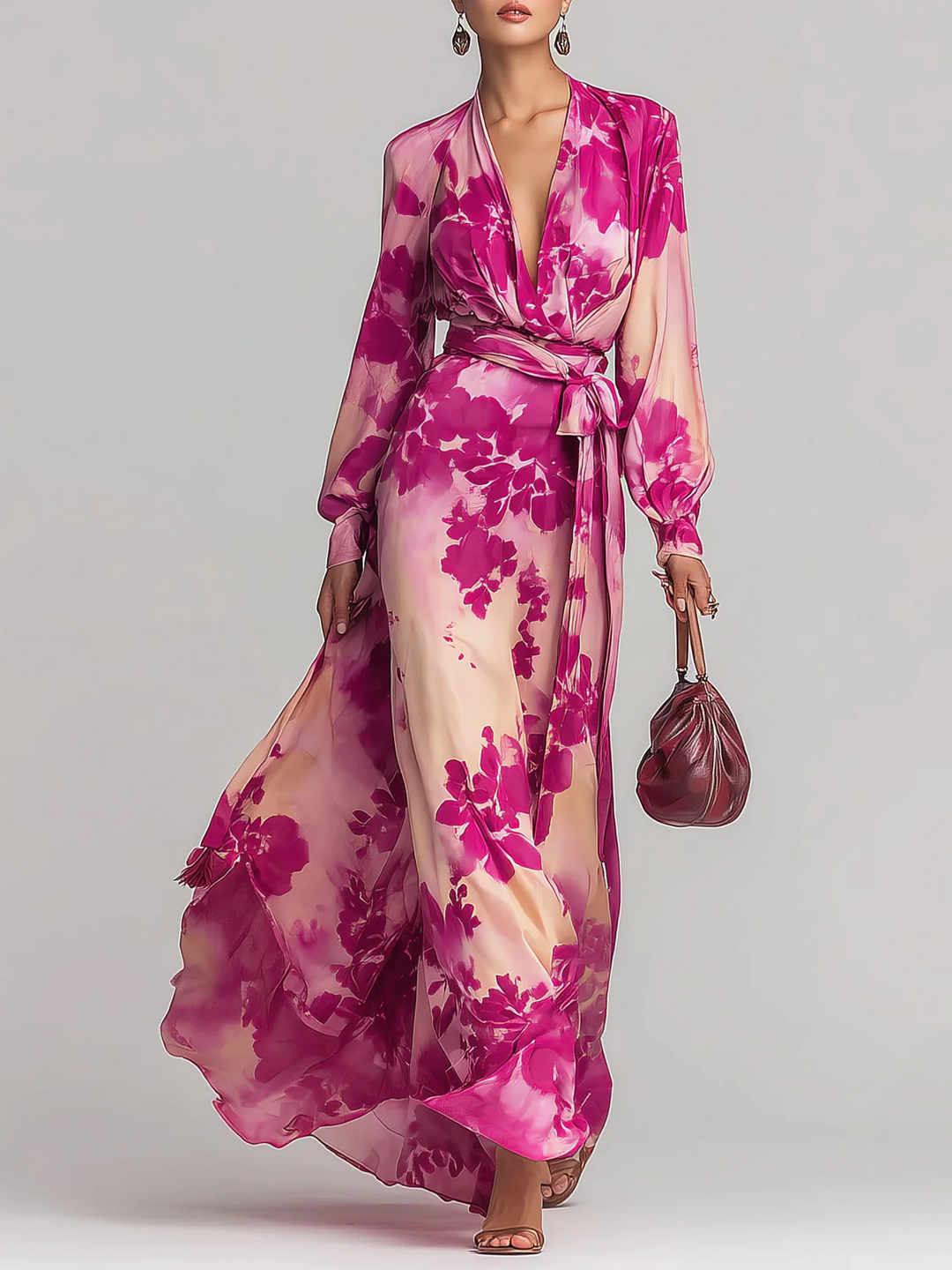 Ariadna | Vestido largo floral rojo con escote en V y cintura definida