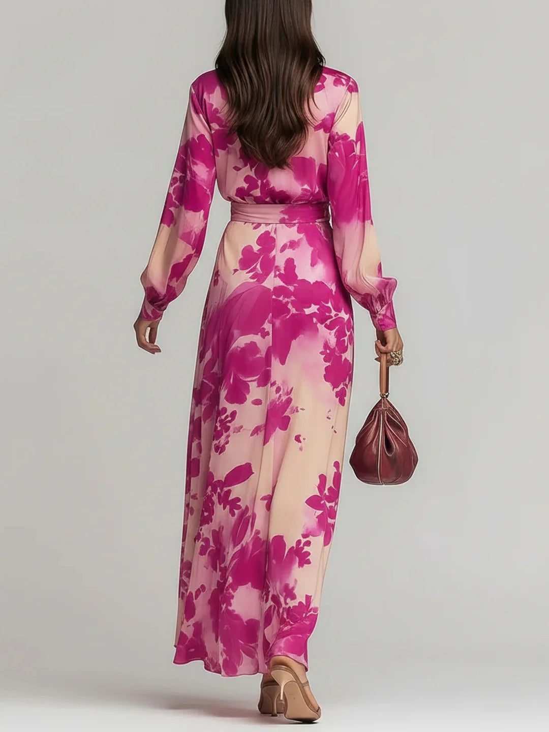 Ariadna | Vestido largo floral rojo con escote en V y cintura definida