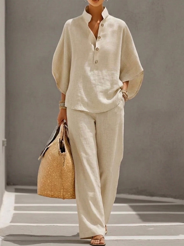 Naomi | Conjunto de Algodón Lino con Mangas Murciélago y Pantalón Ancho