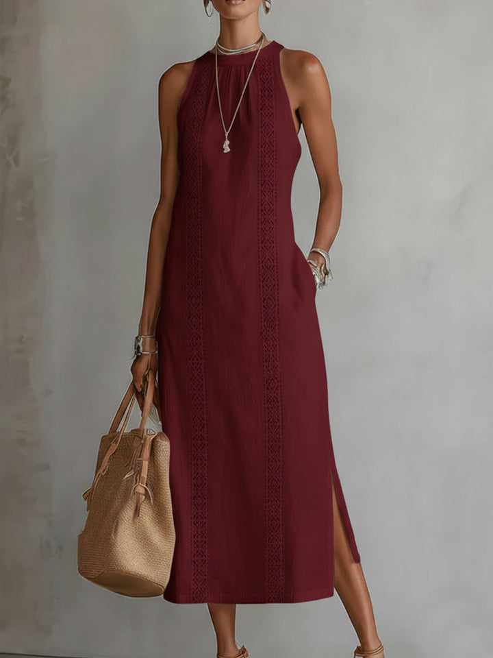 VEGA™ | VESTIDO MIDI DE LINO CUELLO MAO