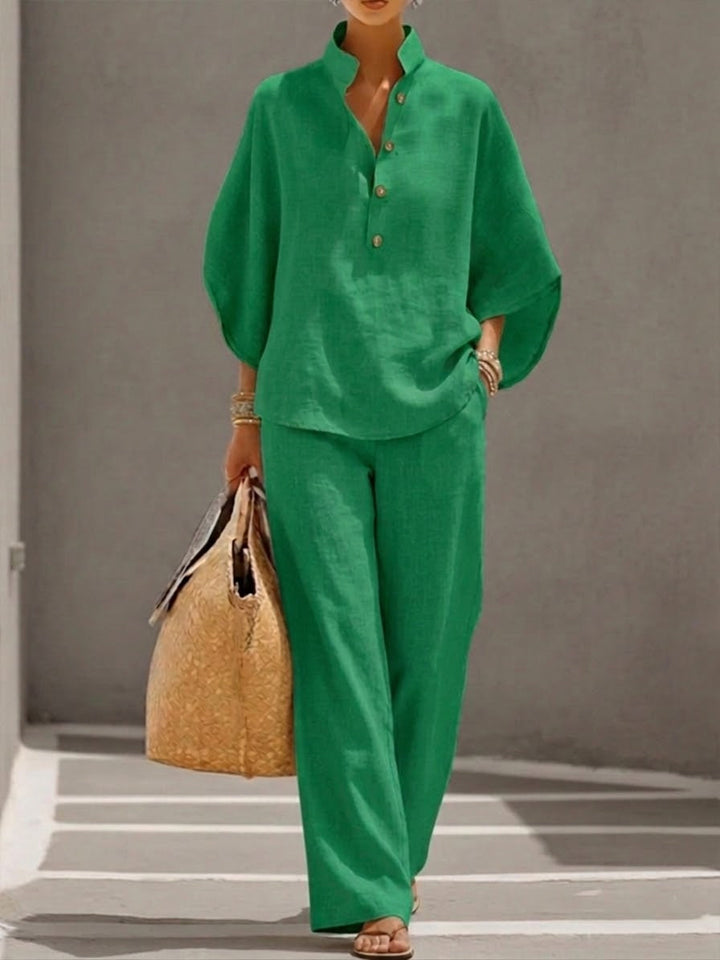 Naomi | Conjunto de Algodón Lino con Mangas Murciélago y Pantalón Ancho