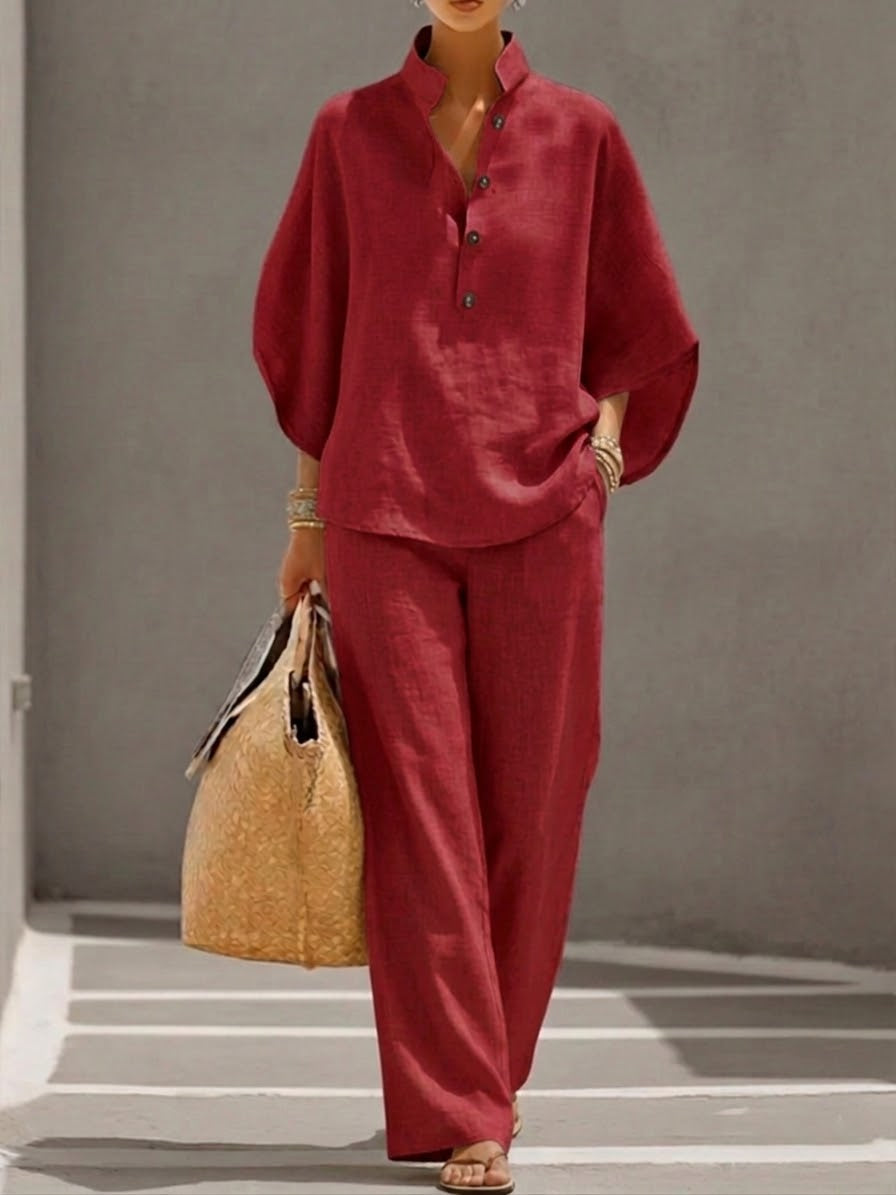 Naomi | Conjunto de Algodón Lino con Mangas Murciélago y Pantalón Ancho