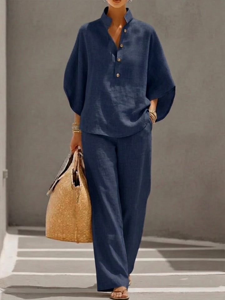 Naomi | Conjunto de Algodón Lino con Mangas Murciélago y Pantalón Ancho