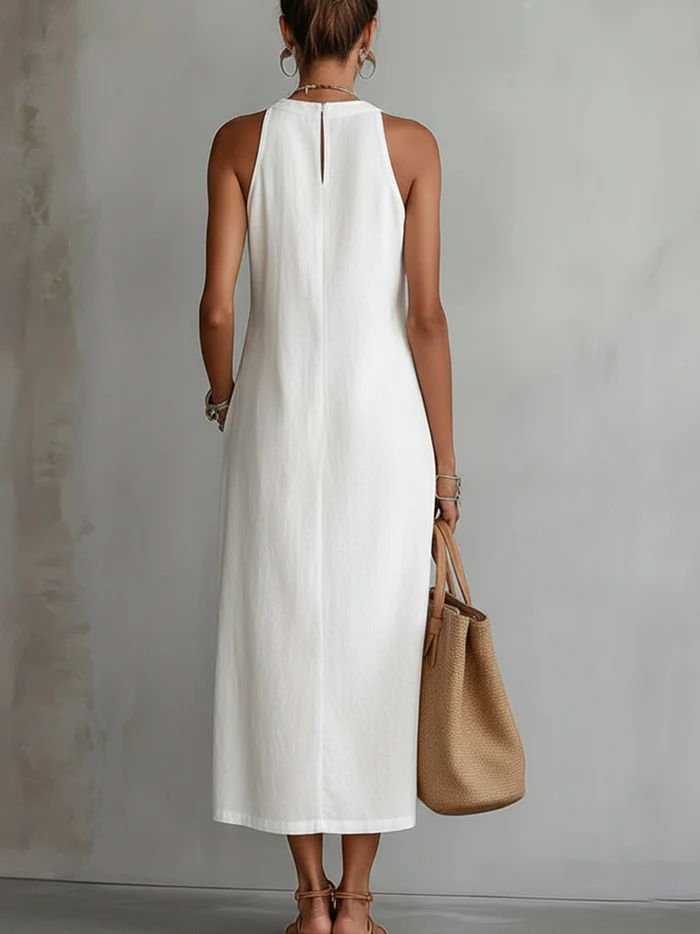 VEGA™ | VESTIDO MIDI DE LINO CUELLO MAO