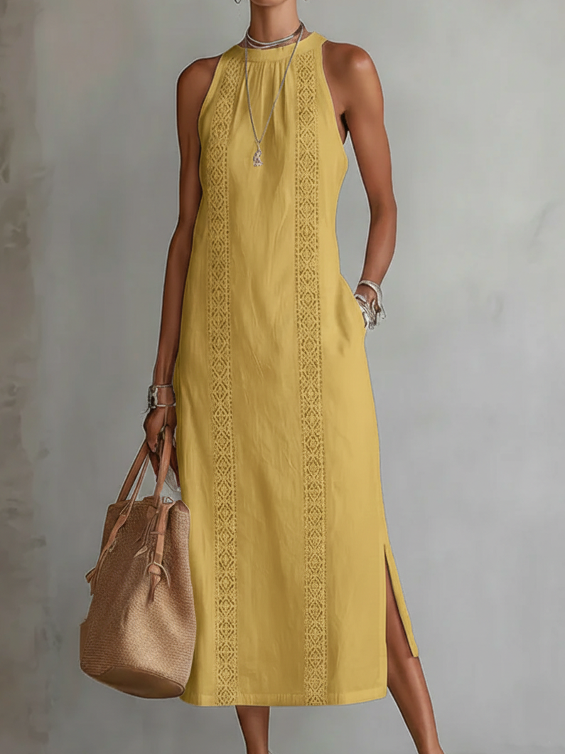 VEGA™ | VESTIDO MIDI DE LINO CUELLO MAO