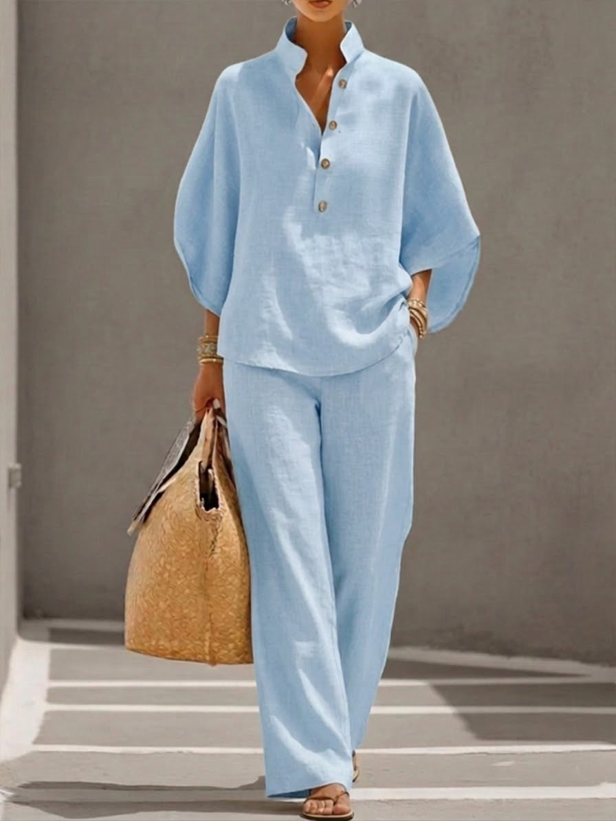 Naomi | Conjunto de Algodón Lino con Mangas Murciélago y Pantalón Ancho