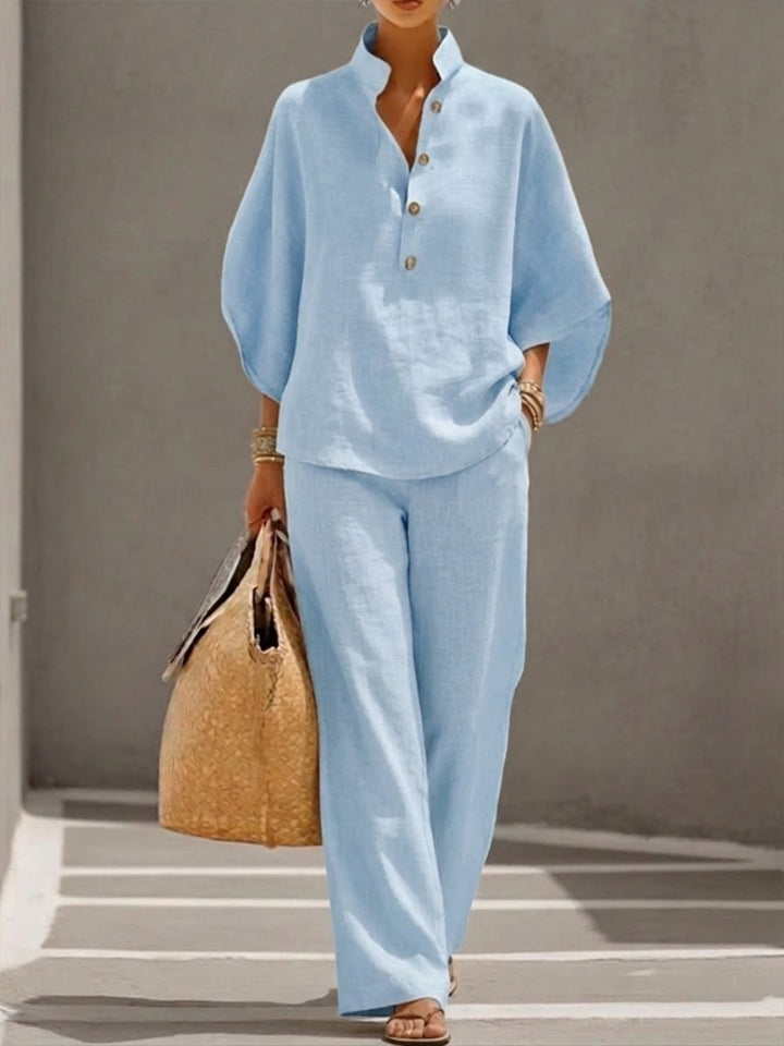 Naomi | Conjunto de Algodón Lino con Mangas Murciélago y Pantalón Ancho