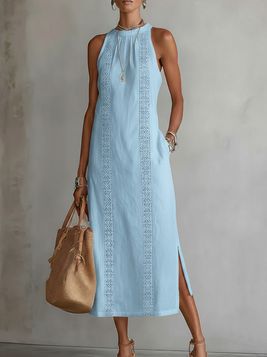 VEGA™ | VESTIDO MIDI DE LINO CUELLO MAO