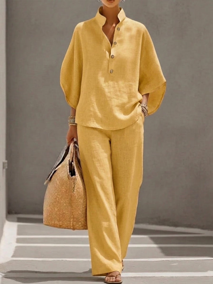 Naomi | Conjunto de Algodón Lino con Mangas Murciélago y Pantalón Ancho